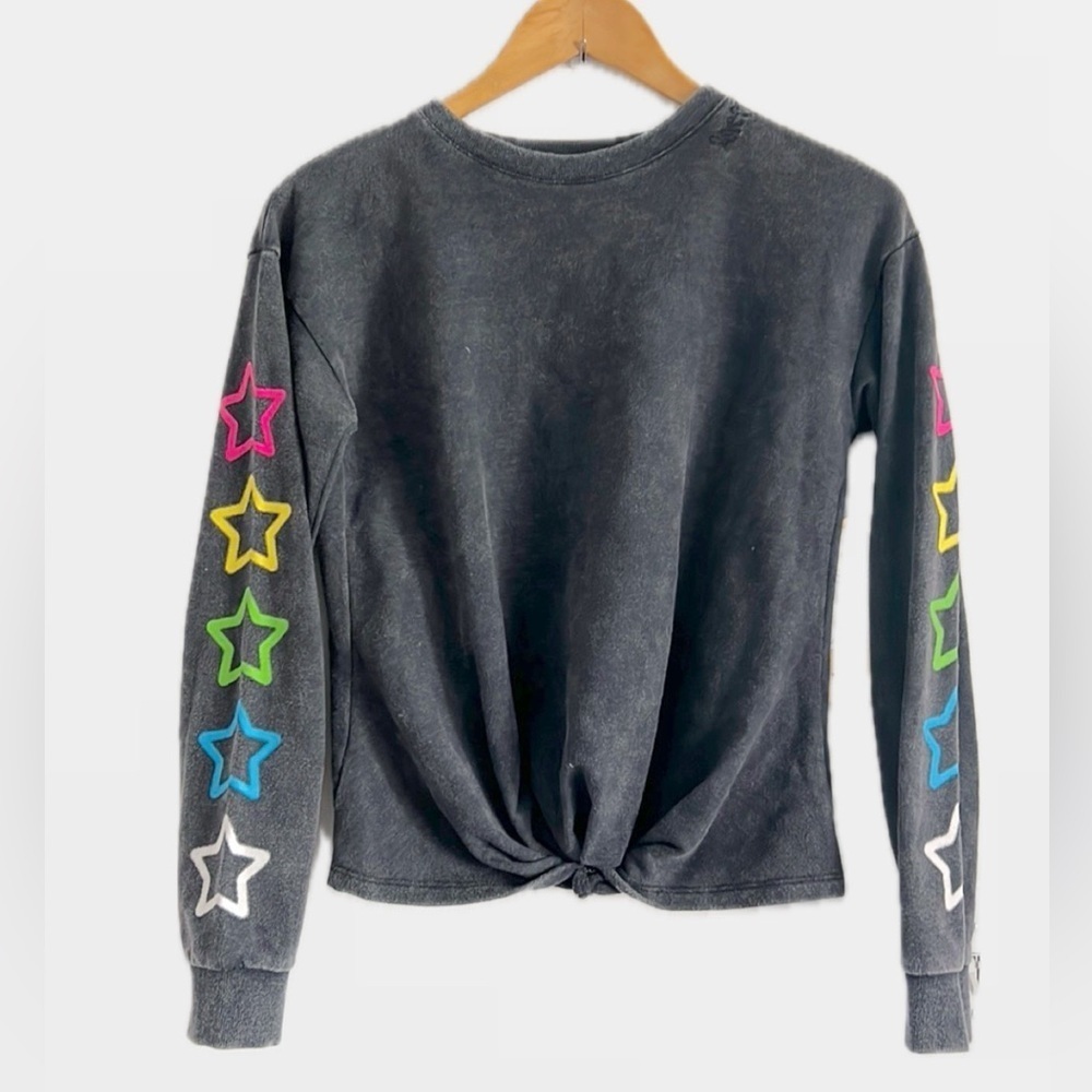 Butter Super Soft Stars Twist Front Cropped Sweatshirt Gray NWT